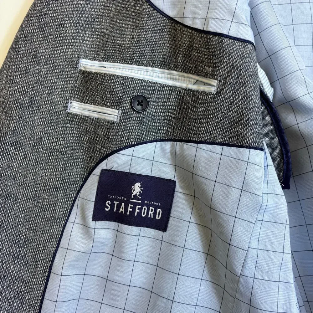Stafford Linen Cotton Blend Sport Coat Size 46R Grey Breathable Business Casual